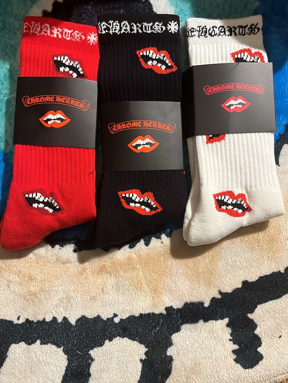 Chrome Hearts Men's Crew Socks — Red, Black & White Lip Motif